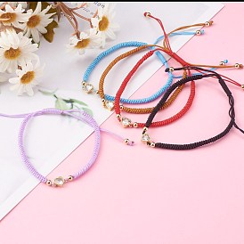Nylon réglable bracelets cordon tressé de perles, avec des maillons cœurs en zircone cubique transparente en laiton micro-pavé, or