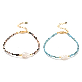 Natural Gemstone Bead Bracelets, with Sterling Silver Beads and Pearl Beads, Real 18K Gold Plated