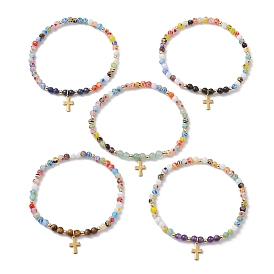 Bracelets extensibles en pierres précieuses rondes de 1 mm et perles faites à la main, 4 bracelets de charme de croix en acier inoxydable, pour femme