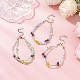 3шт. стеклянные многорядные браслеты-браслеты для женщин, с натуральным малайзийским нефритом, сердоликом, ракушечным жемчугом и лазуритом