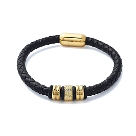 Men's Braided Black PU Leather Cord Bracelets, Column 304 Stainless Steel Link Bracelets with Magnetic Clasps