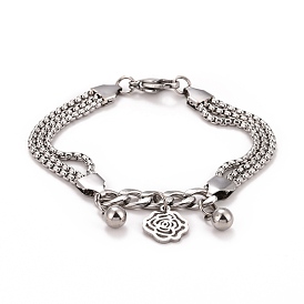304 Stainless Steel Triple Layered Multi-strand Bracelet, Flower Charm Bracelet for Women