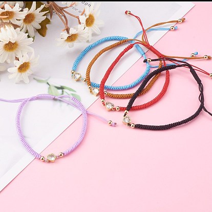 Adjustable Nylon Cord Braided Bead Bracelets, with Brass Micro Pave Clear Cubic Zirconia Heart Links, Golden