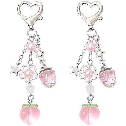 2 шт. подвесные украшения из акрила и смолы в виде персика-клубники, Шарм из сплава с вращающимися застежками в форме сердца для украшений сумок
