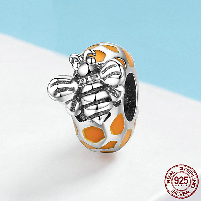 925 Sterling Silver European Beads, with Enamel, Large Hole Beads, Flat Round with Bee