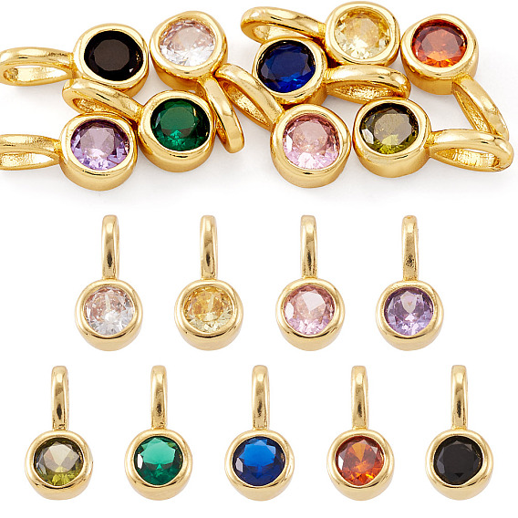 9Pcs 9 Colors Flat Round Brass Micro Pave Cubic Zirconia Charms, Rack Plating, Long-Lasting Plated, Cadmium Free & Lead Free, Golden