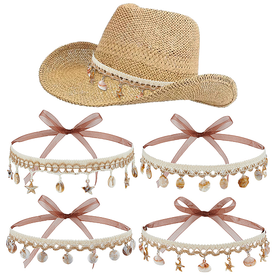 4piezas de hilo de algodón y bandas de lino y conchas para sombreros, con cinta de organza