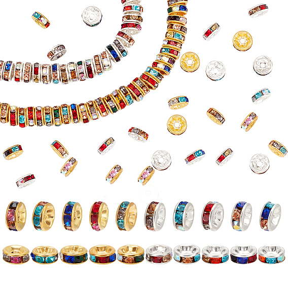 600Pcs 2 Colors Iron Spacer Beads, with Colorful Rhinestone, Round Ring