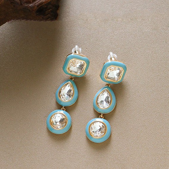 Brass Enamel & Clear Cubic Zirconia Stud Dangle Earrings, Flat Round & Teardrop & Square, Golden