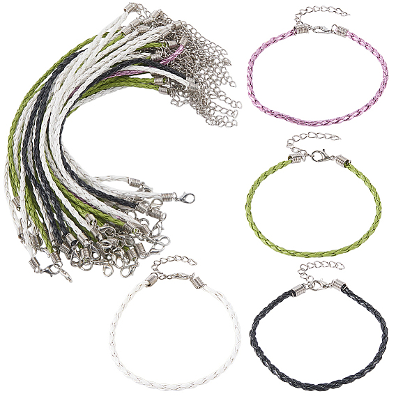 50piezas modernas 3mm fabricación de pulseras de cordón de imitación de cuero trenzado redondo, con broches de hierro garra de langosta y las cadenas finales, Platino