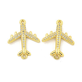 Rack Plating Brass Micro Pave Clear Cubic Zirconia Airplane Connector Charms, Cadmium Free & Lead Free, Long-Lasting Plated