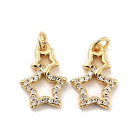 Rack Plating Brass Micro Pave Clear Cubic Zirconia Charms, Long-Lasting Plated, Lead Free & Cadmium Free, Star