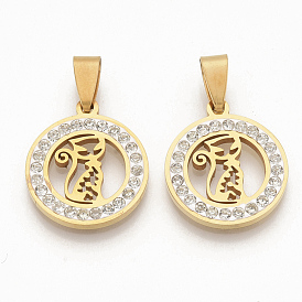 201 Stainless Steel Kitten Pendants, with Random Size Snap On Bails and Polymer Clay Crystal Rhinestones, Flat Round with Hollow Cat Shape