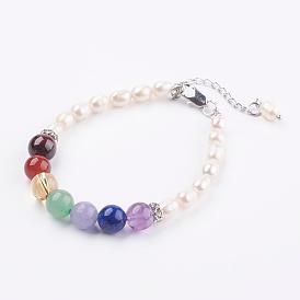Yoga Chakra Jewelry, Natural Gemstone Bracelets, with Pearl, Brass Rhinestone Beads, Brass Lobster Claw Clasps and Packing Box