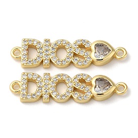 Rack Plating Brass Pave Clear Cubic Zirconia Connector Charms, Long-Lasting Plated, Lead Free & Cadmium Free, Letter DIOS Heart Links