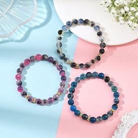 8MM Natural Agate(Dyed & Heated) Round Beaded Stretch Bracelets for Women, Real 18K Gold Plated