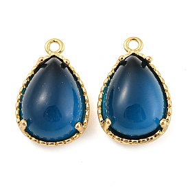 Brass with Steel Blue Glass Pendants, Teardrop Charms, Long-Lasting Plated