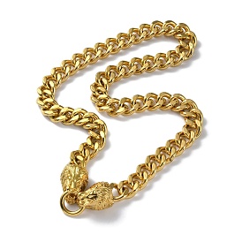 Ion Plating(IP) 304 Stainless Steel Cuban Link Chain Necklaces, with Lion Heads Clasp