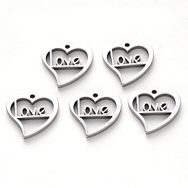 304 Stainless Steel Charms, Laser Cut, Heart with Word Love, for Valentine's Day