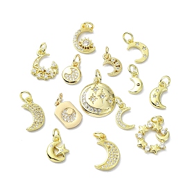 Moon Theme Brass Micro Pave Clear Cubic Zirconia Pendants, with Jump Ring, Real 18K Gold Plated