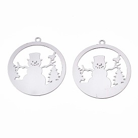 Christmas 201 Stainless Steel Filigree Pendants, Etched Metal Embellishments, Ring with Snowman