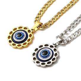Enamel Flower with Eye Pendant Necklaces, 304 Stainless Steel Curb Chain Necklaces