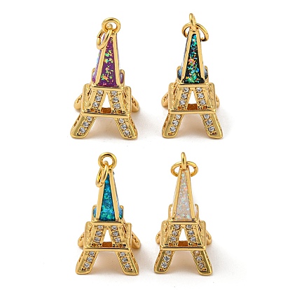 Circonita cúbica micro pavé de latón con colgantes de ópalo sintético, Anillos de salto, sin plomo y cadmio, real 18 k chapado en oro, Torre Eiffel