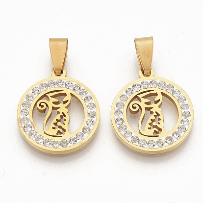 201 Stainless Steel Kitten Pendants, with Random Size Snap On Bails and Polymer Clay Crystal Rhinestones, Flat Round with Hollow Cat Shape
