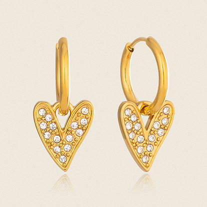 304 Stainless Steel Rhinestone Hoop Dangle Earrings for Women, Heart