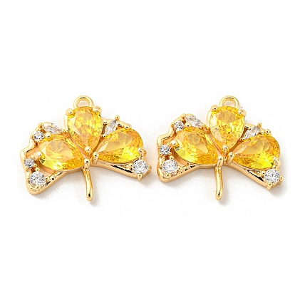 Real 18K Gold Plated Ginkgo Biloba Brass Micro Pave Cubic Zirconia Pendants, Leaf Charms