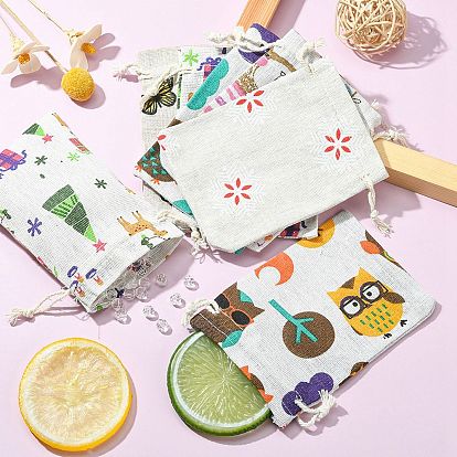 10Pcs 5 Styles Printed Polycotton(Polyester Cotton) Packing Pouches Drawstring Bags, Rectangle