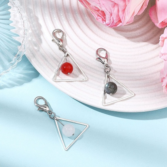 3шт. подвесные украшения из латунного треугольника, натурального малайзийского нефрита, лабрадорита и белого нефрита, с цинковым сплавом застежками омаров коготь