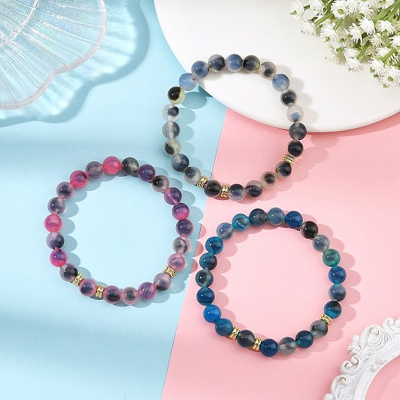 8MM Natural Agate(Dyed & Heated) Round Beaded Stretch Bracelets for Women, Real 18K Gold Plated
