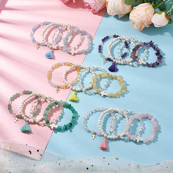 4шт 4 стили натуральные драгоценные камни бусины эластичные браслеты, с подвеской-кисточкой и крестом, украшения из синтетических бирюзовых бусин и синтетических магнезитовых бусин