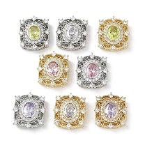Brass Micro Pave Cubic Zirconia Beads, Cadmium Free & Nickel Free & Lead Free, Real 18K Gold Plated, Rectangle with Oval Pattern
