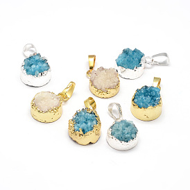 Flat Round Natural Druzy Agate Pendants, Druzy Trimmed Stone, with Brass Findings