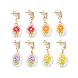 304 Stainless Steel Stud Earrings, Oval with Flower Sead Glass Beaded Dangle Earrings for Women