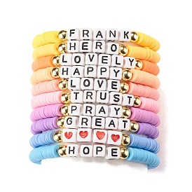 10Pcs 10 Style Inspirational Word Stretch Bracelets Set, Polymer Clay Heishi Beaded Preppy Bracelets for Women