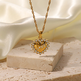 Stylish Stainless Steel Necklace with White Diamond LOVE Pendant - Vintage Titanium Gold Plated Chain