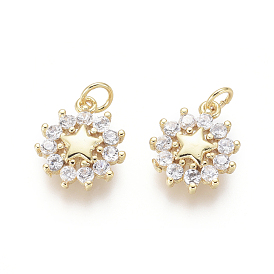 Brass Charms, with Clear Cubic Zirconia and Jump Rings, Star