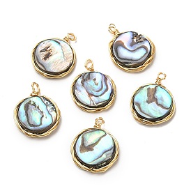 Natural Abalone Shell/Paua Shell Pendants, Copper Wire Wrapped Flat Round Charms