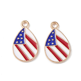 American Flag Style Alloy Enamel Pendants, Light Gold, Teardrop Charm