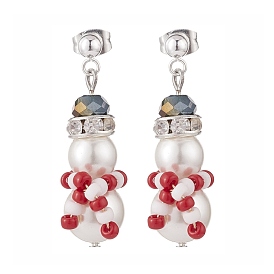 Shell Pearl & Glass Braided Christmas Snowman Dangle Stud Earrings, 304 Stainless Steel Jewelry for Women