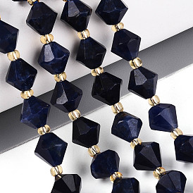 Нитки бусины из натурального ляписа-лазури, двухконусные, граненые, с бисером