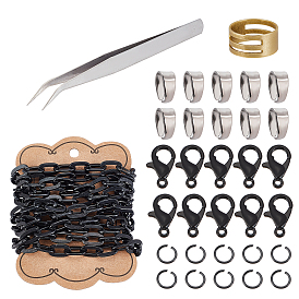 SUPERFINDINGS Black Cable Chain DIY Jewelry Making Finding Kits, Including Aluminium Cable Chains, Beading Tweezers, Alloy Clasps and Iron Snap on Bails, Brass Rings