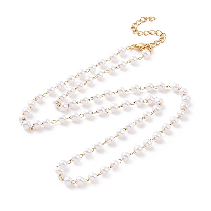 Vacuum Plating 304 Stainless Steel Beaded Necklaces, with Plastic Imitation Pearl Beads