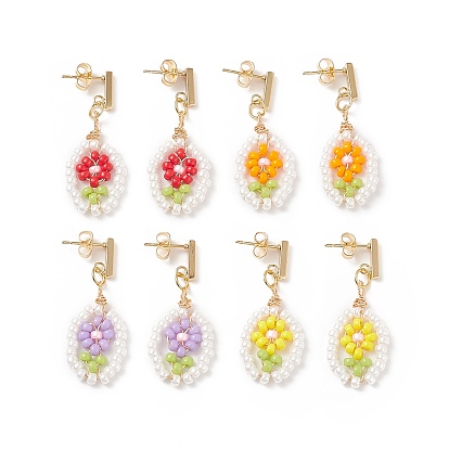 304 Stainless Steel Stud Earrings, Oval with Flower Sead Glass Beaded Dangle Earrings for Women