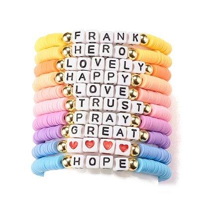 10Pcs 10 Style Inspirational Word Stretch Bracelets Set, Polymer Clay Heishi Beaded Preppy Bracelets for Women