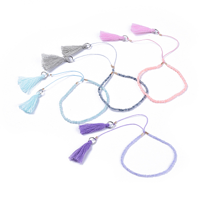 Adjustable Nylon Thread Charm Bracelets, with Glass Seed Beads, Cotton Thread Tassel Pendant, 304 Stainless Steel Findings