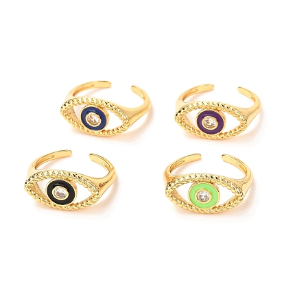 Horse Eye Golden Enamel Cuff Rings for Women, Brass Micro Pave Clear Cubic Zirconia Open Rings